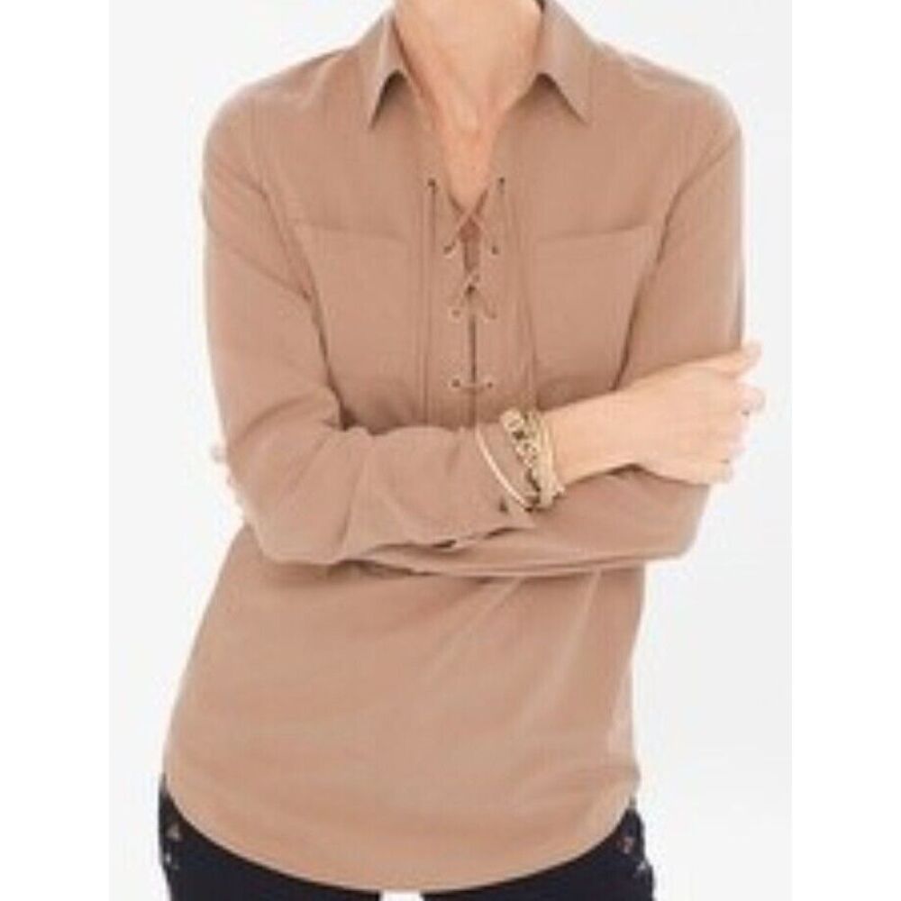 CHICO'S Women Tan Lace Up Long Sleeve Top Size 2 (L/12-14)